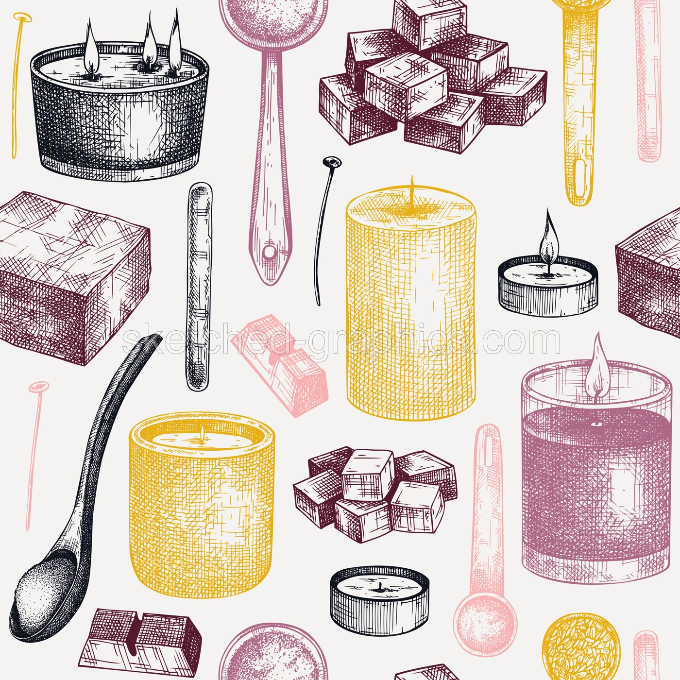 Aromatic candles making kit background. Vector backdrop with candle ingredients, wax and fragrant materials. Seamless pattern for aromatherapy, hygge home or holiday decoration, meditation. Illustration